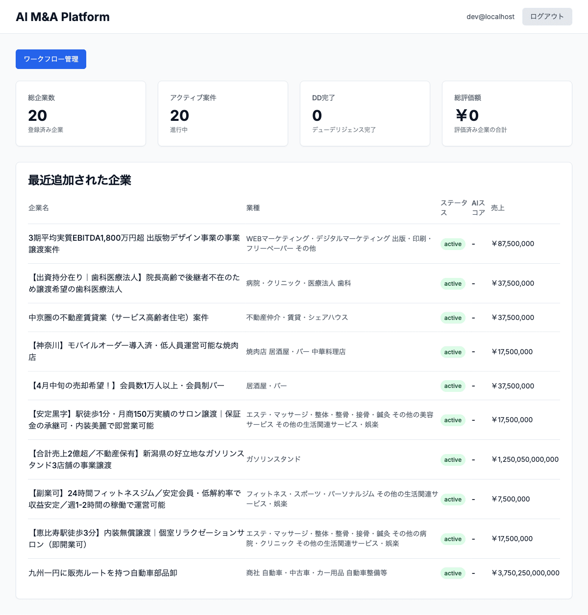 AI M&A Platform ダッシュボード