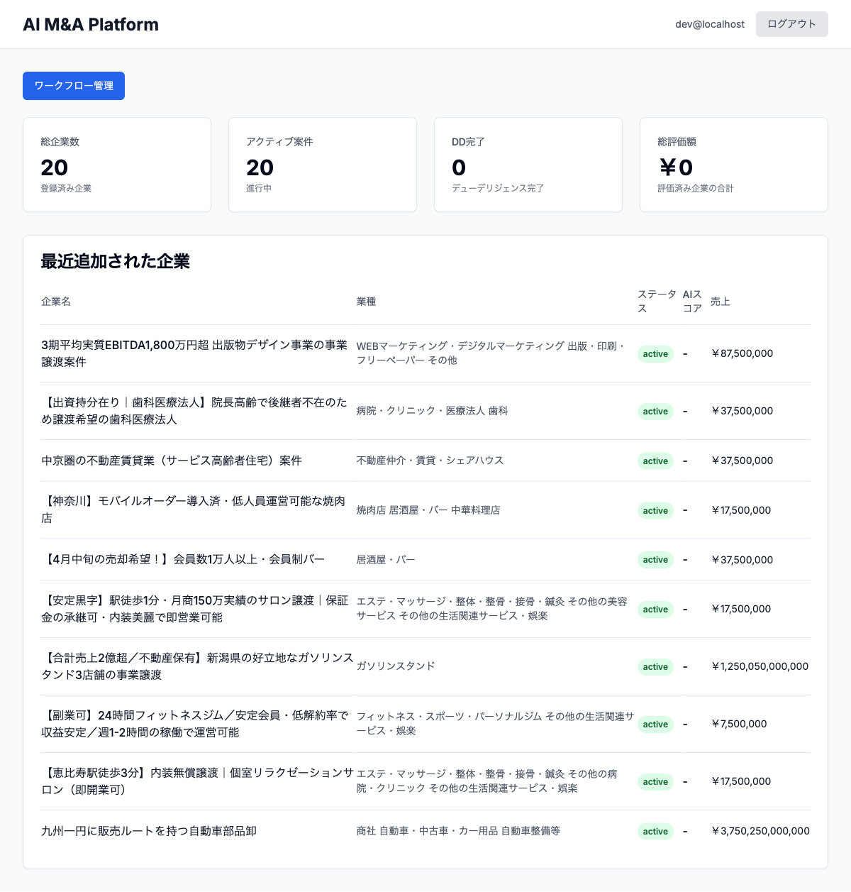 AI M&A Platform ダッシュボード